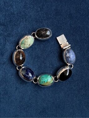 Mexico‎ Sterling Silver 925 Multi-Stone Inlay Oval Link Bracelet Size 7.5
